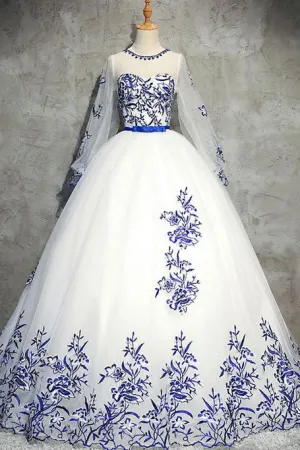 Ivory Long Sleeve Tulle Prom Dresses with Appliques Puffy Appliqued Long Evening Dresses N1171