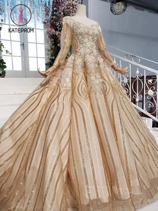 Kateprom Stunning Ball Gown Long Sleeves Prom Dress, Pretty Long Sleeve Quinceanera Dresses KPP1046