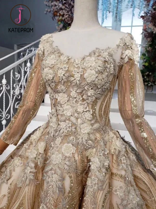 Kateprom Stunning Ball Gown Long Sleeves Prom Dress, Pretty Long Sleeve Quinceanera Dresses KPP1046