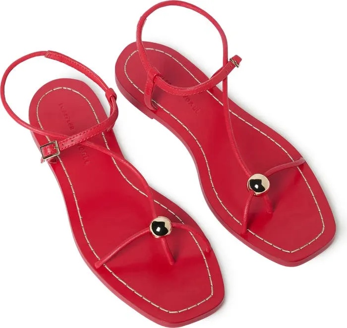Lara Strappy Flat Sandal with Gold Ball in Red
