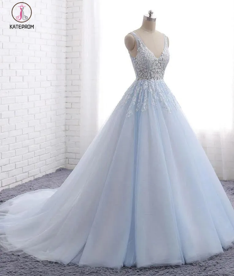 Light Blue V Neck Sleeveless Ball Gown Wedding Dress, Appliqued Tulle Bridal Dresses KPW0248