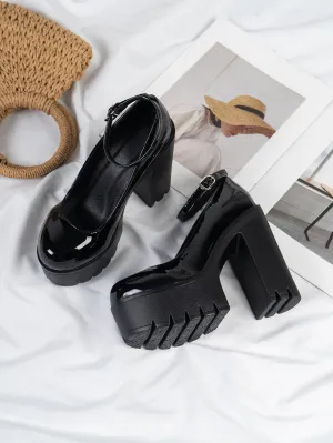 Minimalist Flatform Ankle Strap Pumps, Black Fashionable Buckle Decor Solid Color Ankle Strap Women's High Heeled Shoes