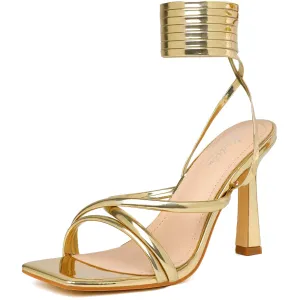 Mostrin Gold Strappy Heels for Women Lace Up Heels Tie Up Stiletto Heeled Sandals Square Open Toe High Heels for Prom, Party and Weddings Size 11.5