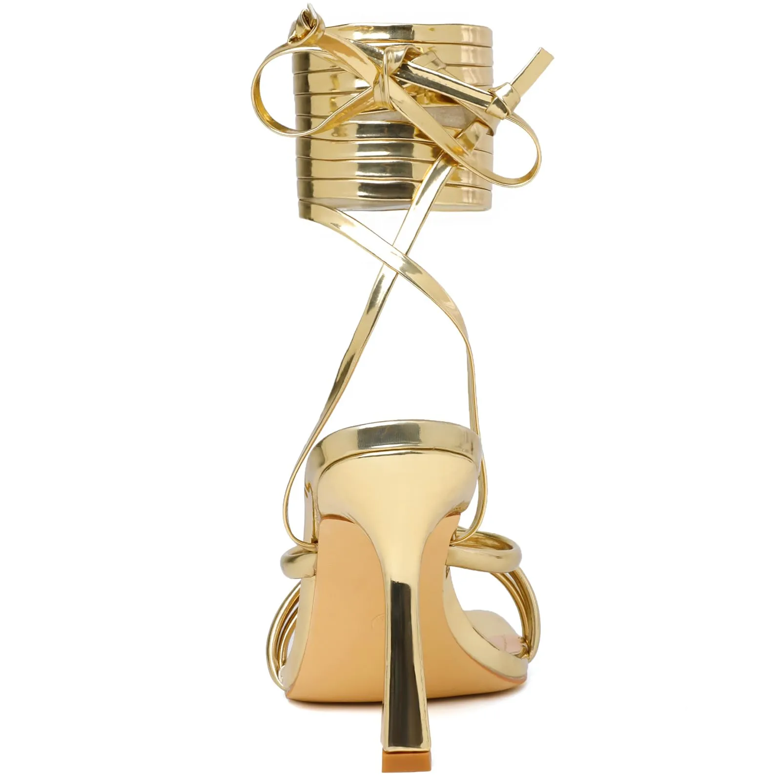 Mostrin Gold Strappy Heels for Women Lace Up Heels Tie Up Stiletto Heeled Sandals Square Open Toe High Heels for Prom, Party and Weddings Size 11.5