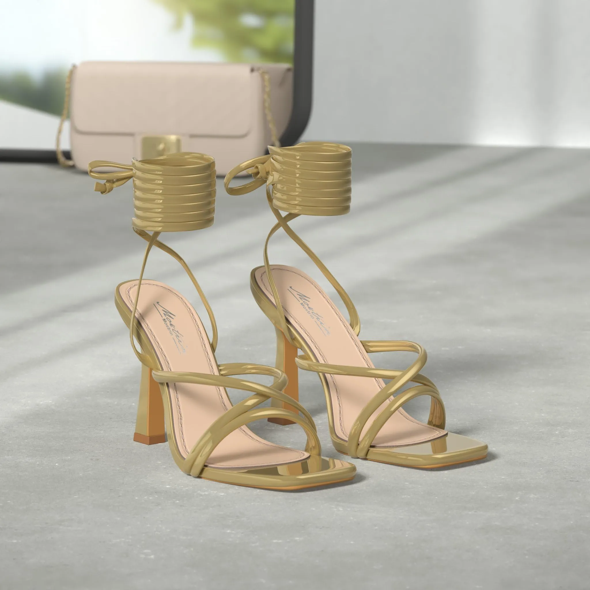 Mostrin Gold Strappy Heels for Women Lace Up Heels Tie Up Stiletto Heeled Sandals Square Open Toe High Heels for Prom, Party and Weddings Size 11.5