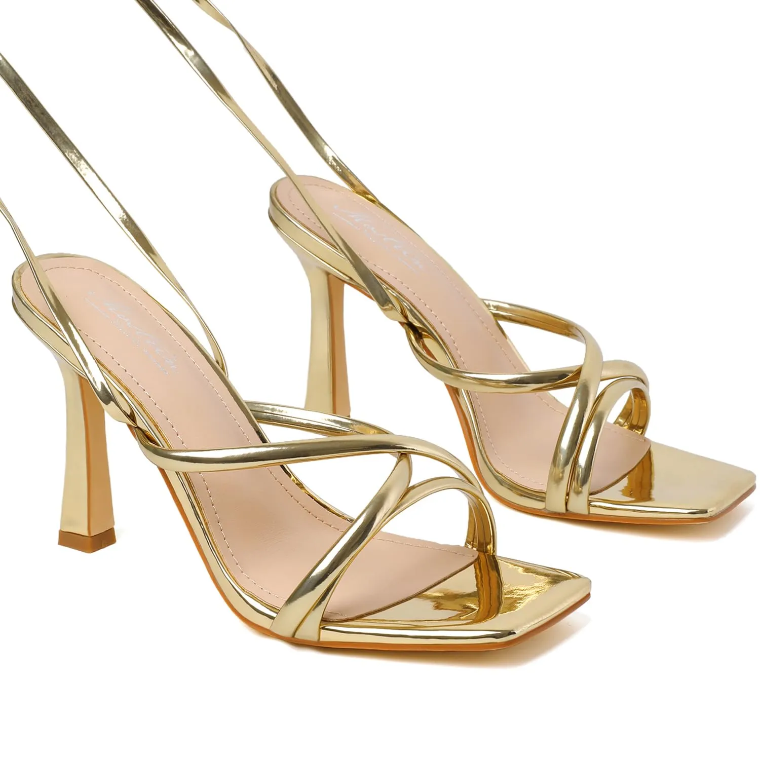 Mostrin Gold Strappy Heels for Women Lace Up Heels Tie Up Stiletto Heeled Sandals Square Open Toe High Heels for Prom, Party and Weddings Size 11.5