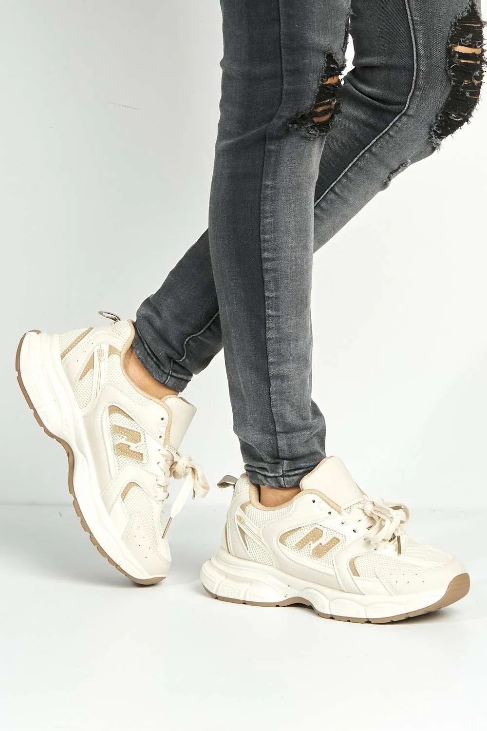 Nina Patterned Chunky Sole Trainers in Beige