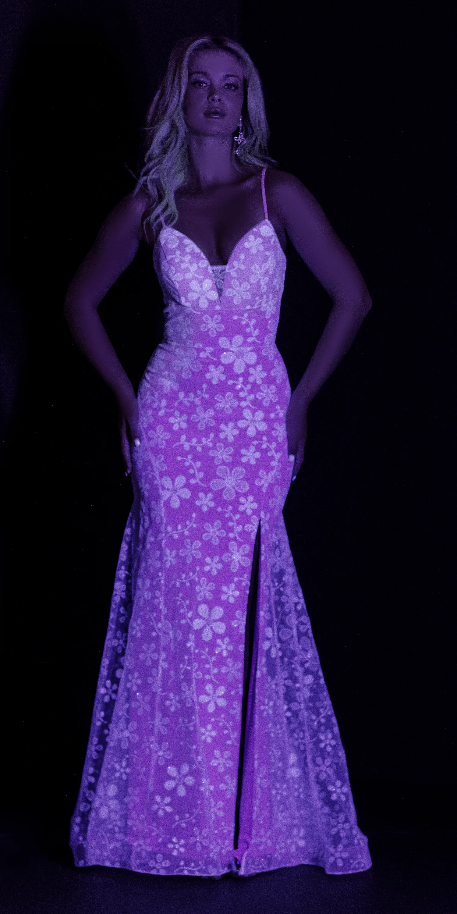 Plunging Mesh Glitter Daisy Trumpet Dress with Side Slit