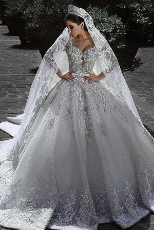 Princess Long Sleeves A Line Ball Gown Wedding Dresses With Applique PFW0046
