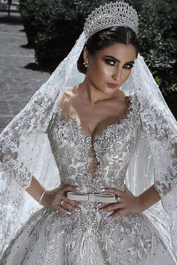 Princess Long Sleeves A Line Ball Gown Wedding Dresses With Applique PFW0046