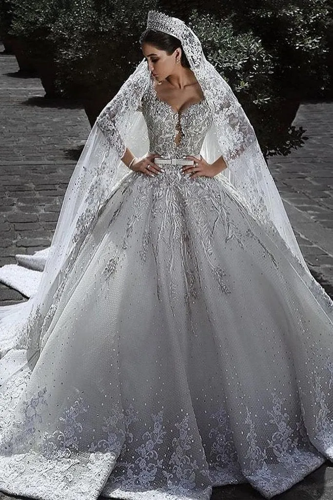 Princess Long Sleeves A Line Ball Gown Wedding Dresses With Applique PFW0046