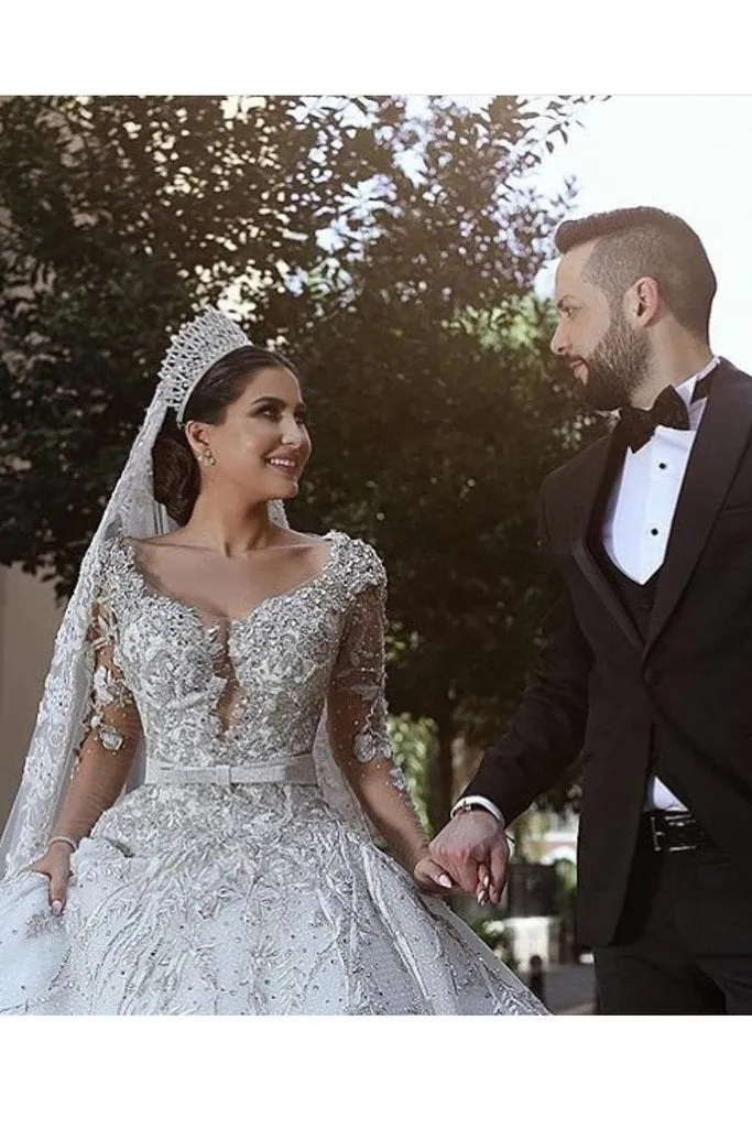 Princess Long Sleeves A Line Ball Gown Wedding Dresses With Applique PFW0046