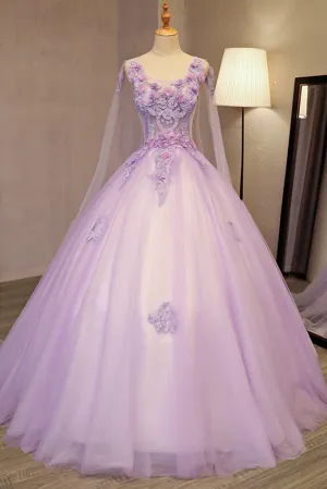 Puffy  Lilac Tulle Flower Appliqued Quinceanera Dresses