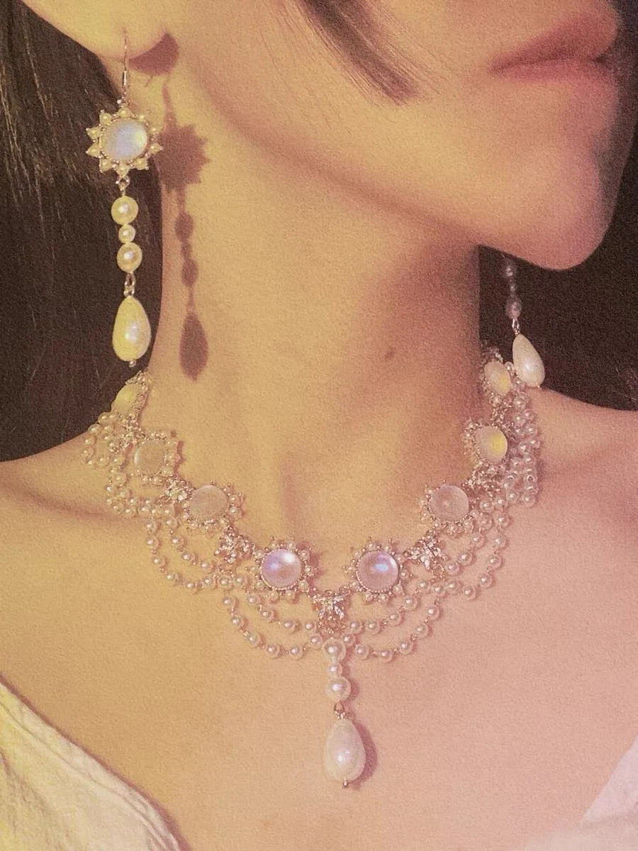 Quinceanera Earrings With Moonstone Pearl - Regency Era Style Earring