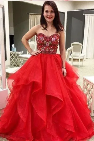 Red Sweetheart Embroidery Floor Length Prom Dresses Puffy Tulle Asymmetrical Prom Gown N1303