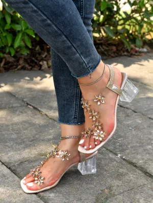 Rhinestone Decor Chunky Heeled Sandals