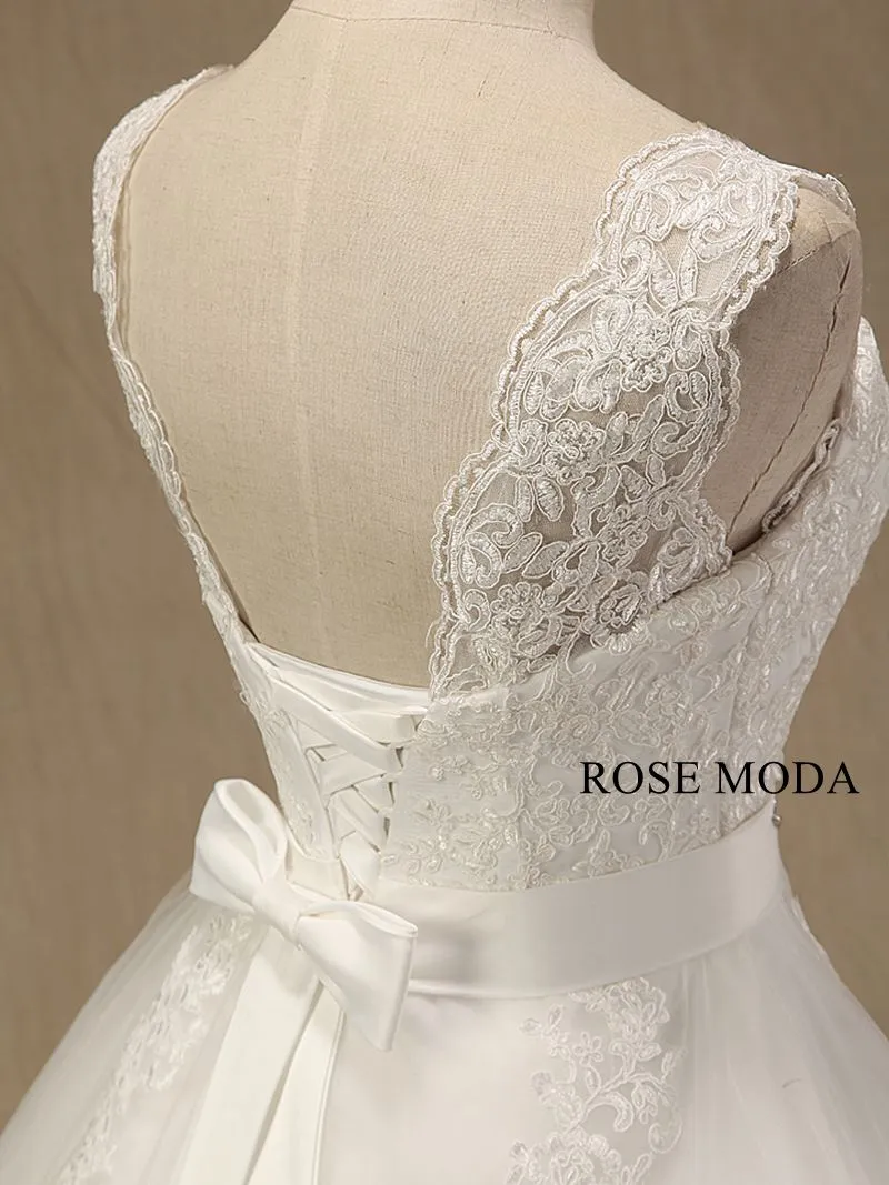 Rosemoda Cap Sleeve Lace Ball Gown Wedding Dress with Beaded Belt