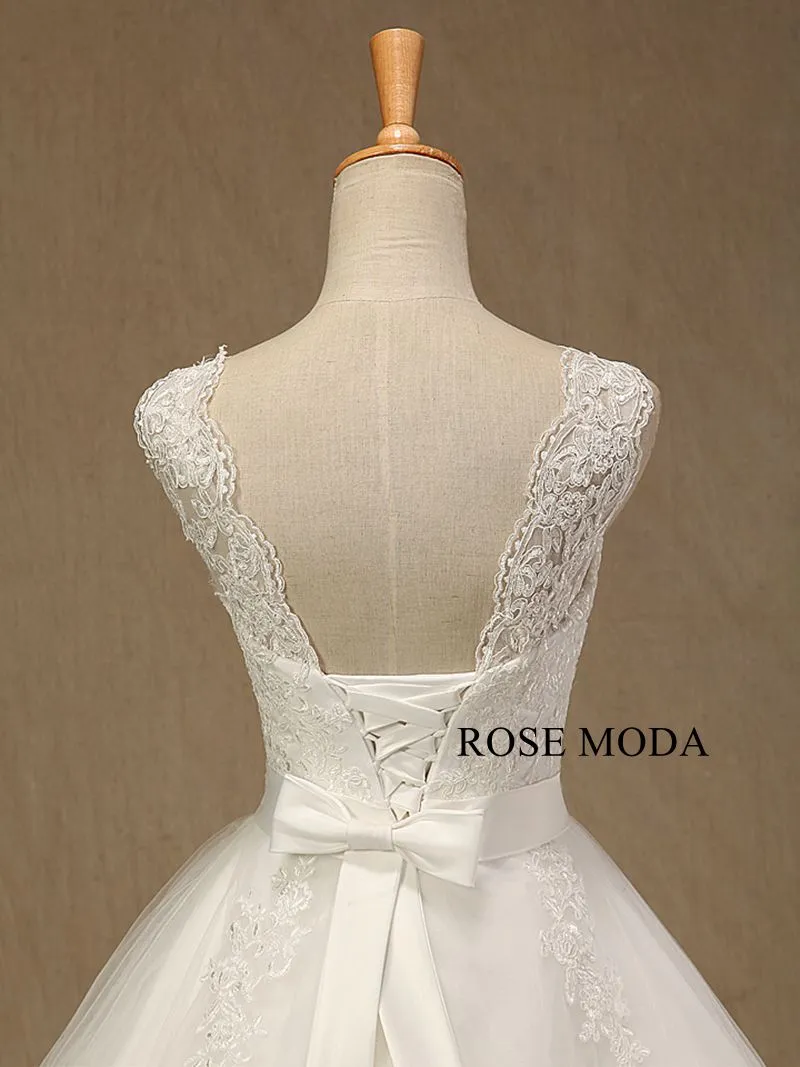 Rosemoda Cap Sleeve Lace Ball Gown Wedding Dress with Beaded Belt