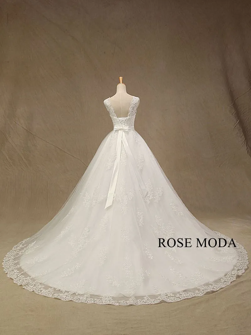 Rosemoda Cap Sleeve Lace Ball Gown Wedding Dress with Beaded Belt