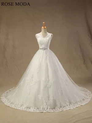 Rosemoda Cap Sleeve Lace Ball Gown Wedding Dress with Beaded Belt