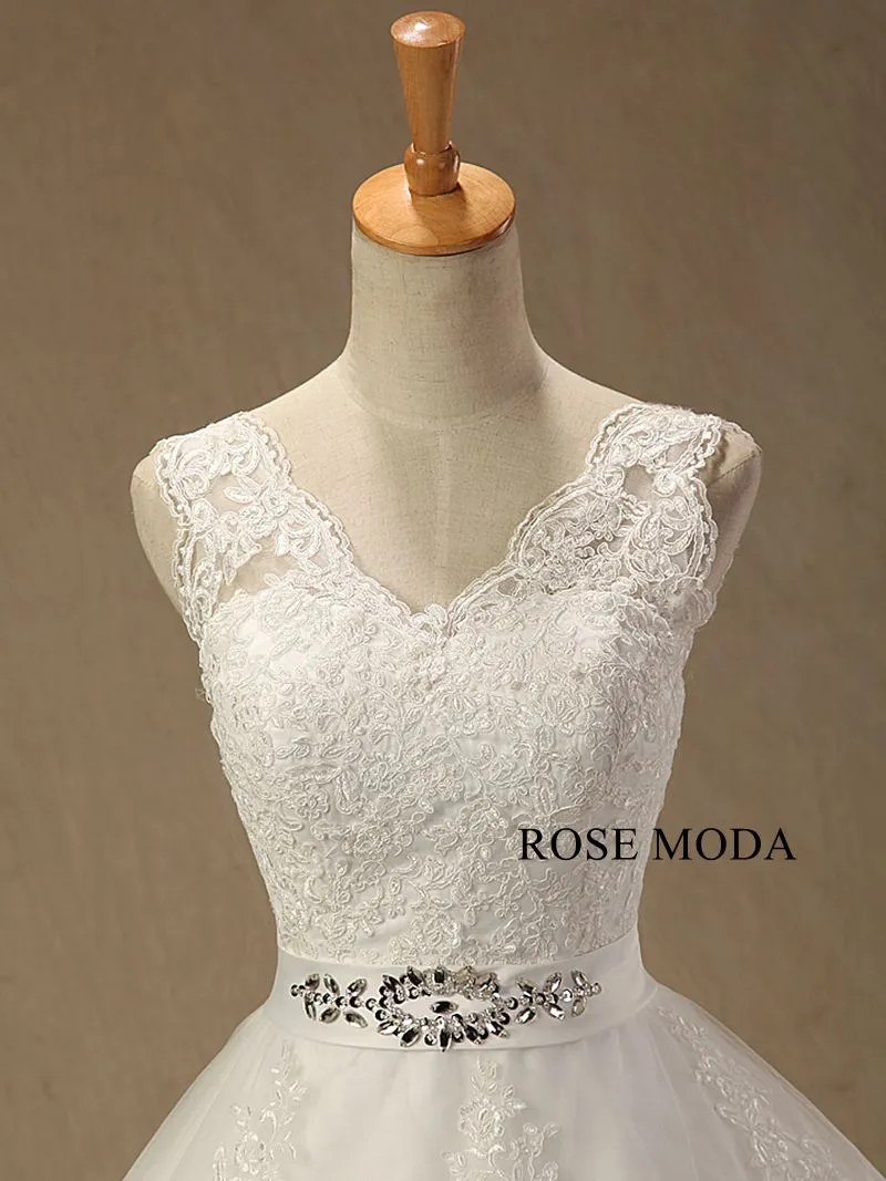 Rosemoda Cap Sleeve Lace Ball Gown Wedding Dress with Beaded Belt