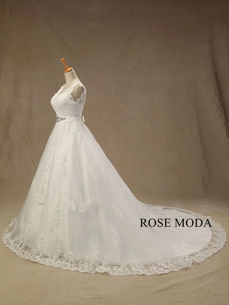 Rosemoda Cap Sleeve Lace Ball Gown Wedding Dress with Beaded Belt