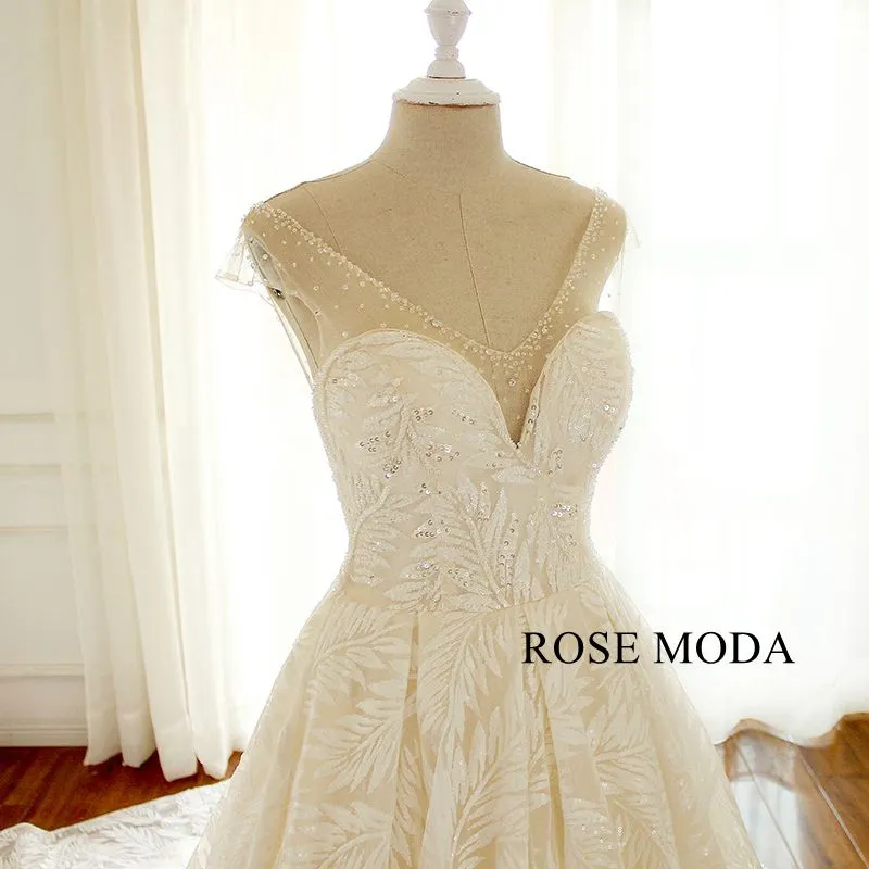 Rosemoda Cap Sleeve Sequin Lace Ball Gown Wedding Dress
