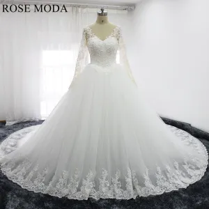 Rosemoda Long Sleeve Ball Gown Wedding Dress With Royal Train