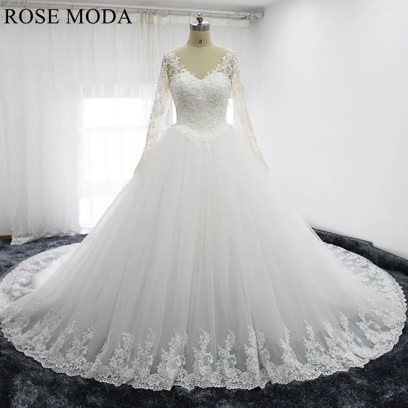 Rosemoda Long Sleeve Ball Gown Wedding Dress With Royal Train