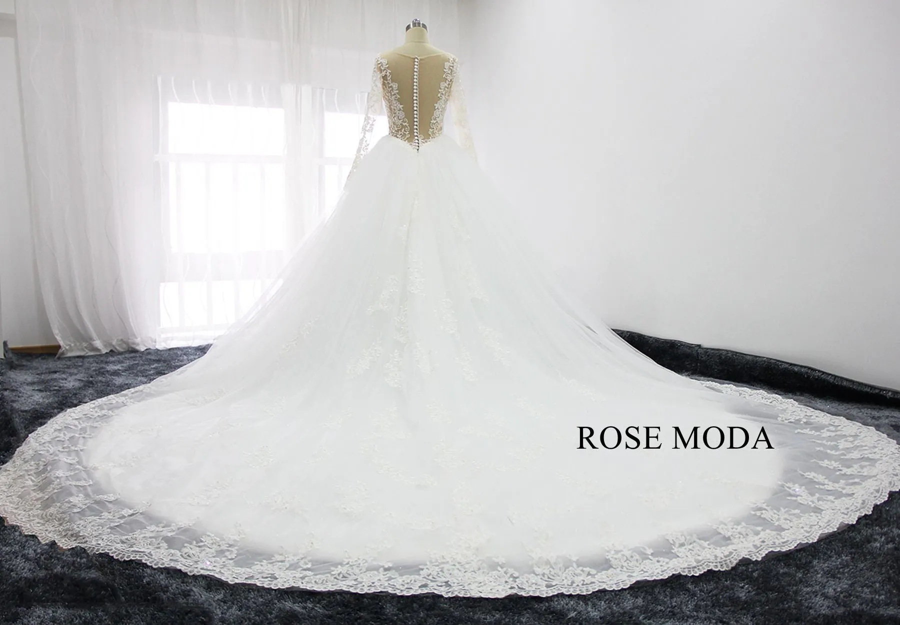 Rosemoda Long Sleeve Ball Gown Wedding Dress With Royal Train