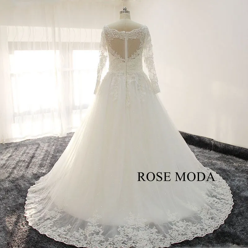 Rosemoda Long Sleeve V Neck Lace Ball Gown Wedding Dress