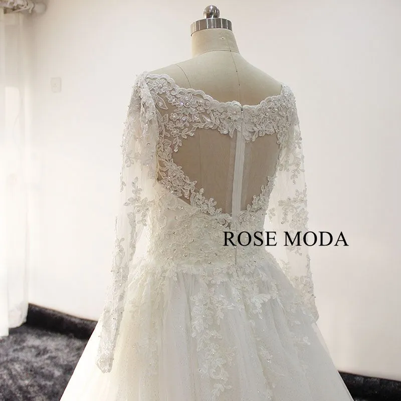 Rosemoda Long Sleeve V Neck Lace Ball Gown Wedding Dress