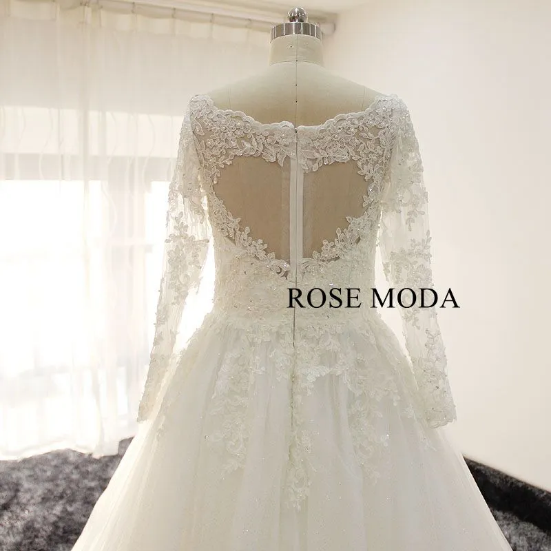 Rosemoda Long Sleeve V Neck Lace Ball Gown Wedding Dress