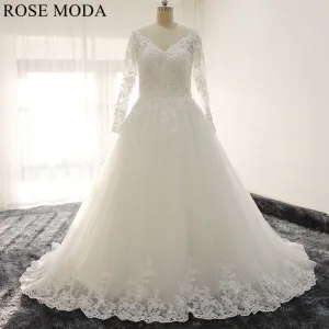 Rosemoda Long Sleeve V Neck Lace Ball Gown Wedding Dress
