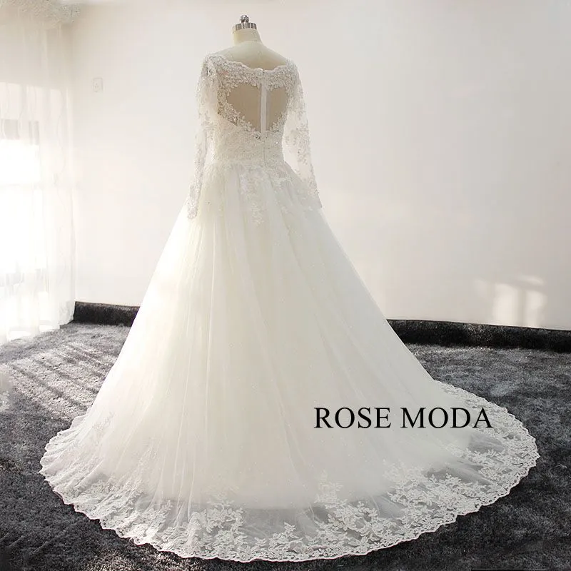 Rosemoda Long Sleeve V Neck Lace Ball Gown Wedding Dress