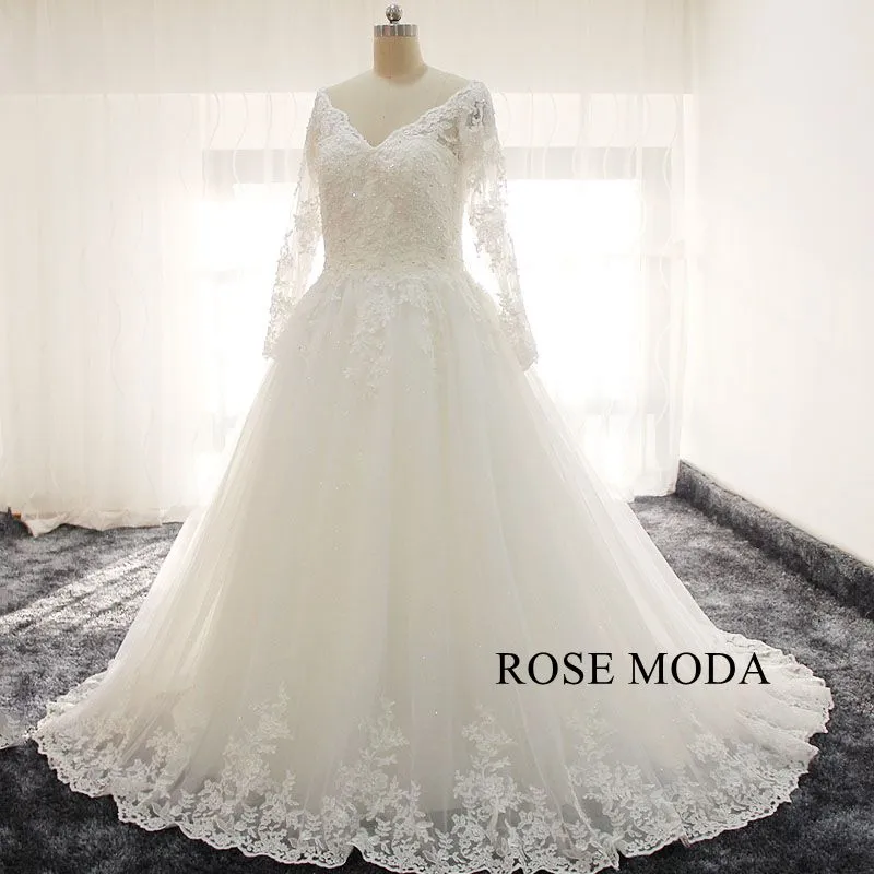 Rosemoda Long Sleeve V Neck Lace Ball Gown Wedding Dress