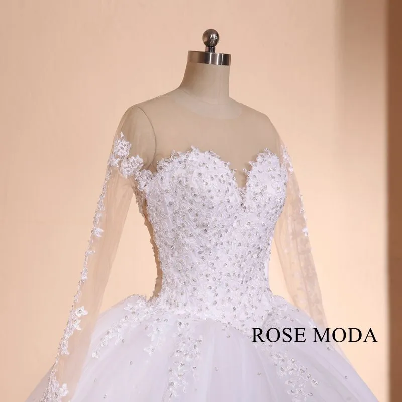 Rosemoda Luxury Structured Dropped Beaded Lace Ball Gown Wedding Dress With Cathedral Train