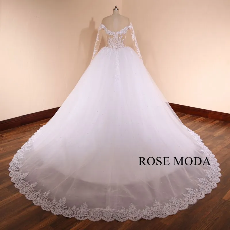 Rosemoda Luxury Structured Dropped Beaded Lace Ball Gown Wedding Dress With Cathedral Train