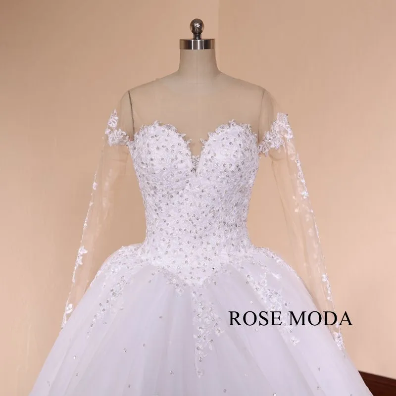 Rosemoda Luxury Structured Dropped Beaded Lace Ball Gown Wedding Dress With Cathedral Train
