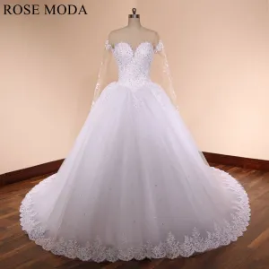 Rosemoda Luxury Structured Dropped Beaded Lace Ball Gown Wedding Dress With Cathedral Train