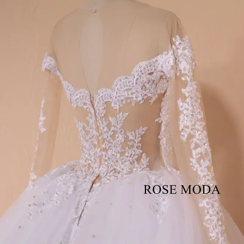 Rosemoda Luxury Structured Dropped Beaded Lace Ball Gown Wedding Dress With Cathedral Train