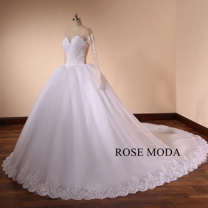 Rosemoda Luxury Structured Dropped Beaded Lace Ball Gown Wedding Dress With Cathedral Train