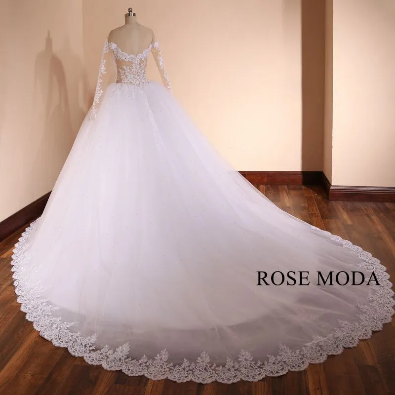 Rosemoda Luxury Structured Dropped Beaded Lace Ball Gown Wedding Dress With Cathedral Train