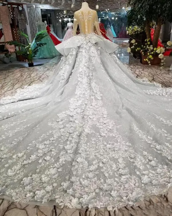 See Through Bodice Big Wedding Dress With Flowers Long Sleeve Quinceanera Dress N1282