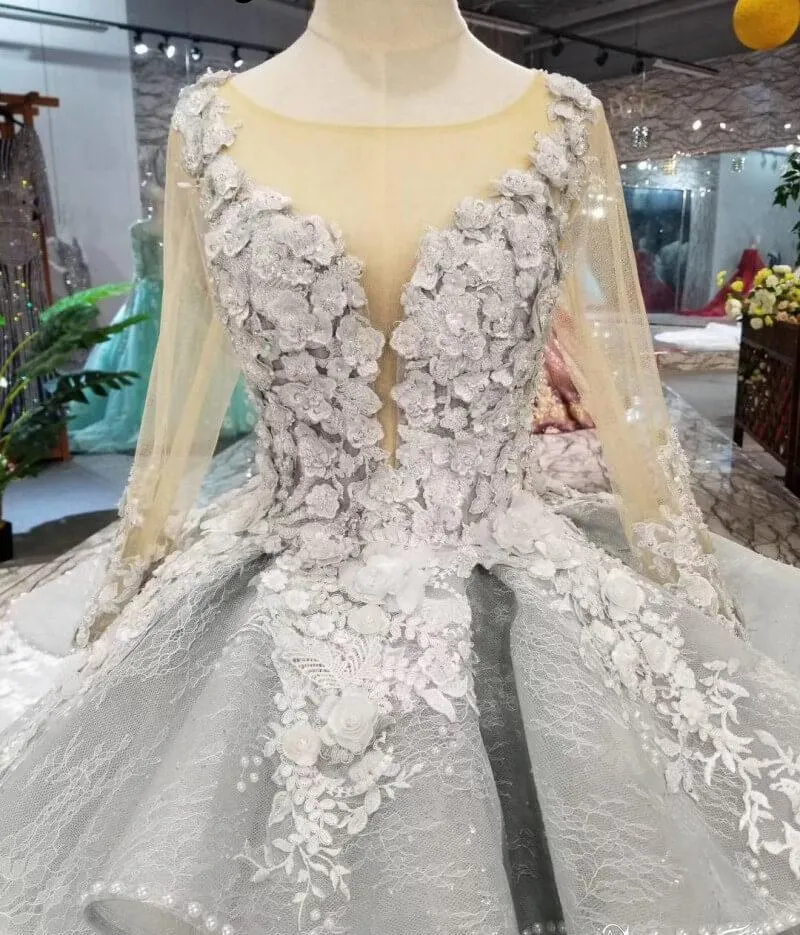 See Through Bodice Big Wedding Dress With Flowers Long Sleeve Quinceanera Dress N1282