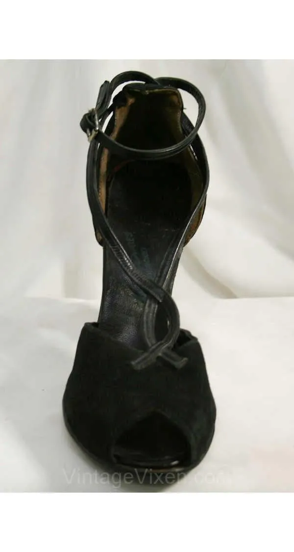 Size 5.5 Pin Up Style 1940s Shoes - Black Suede & Leather Heels - 40s Peep Toe Shoe - Elegant - Strappy - Unworn - Size 5 1/2 M - 40035-8