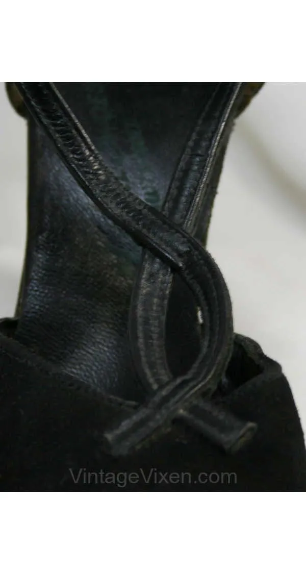 Size 5.5 Pin Up Style 1940s Shoes - Black Suede & Leather Heels - 40s Peep Toe Shoe - Elegant - Strappy - Unworn - Size 5 1/2 M - 40035-8