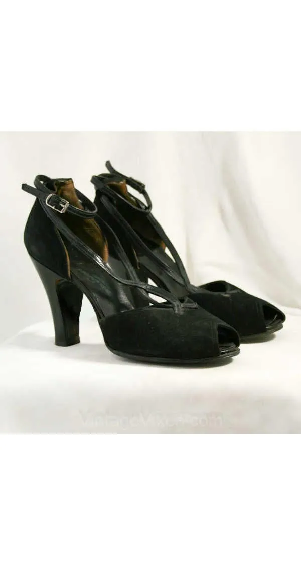 Size 5.5 Pin Up Style 1940s Shoes - Black Suede & Leather Heels - 40s Peep Toe Shoe - Elegant - Strappy - Unworn - Size 5 1/2 M - 40035-8