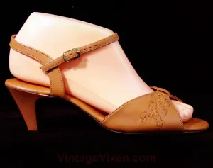Size 6.5 30s Style Sandals - Size 6 1/2 W - Tan 1970s Shoes - Woven Deco Strappy Heels - Open Toe 70s Hush Puppies - Deadstock - 43253-2