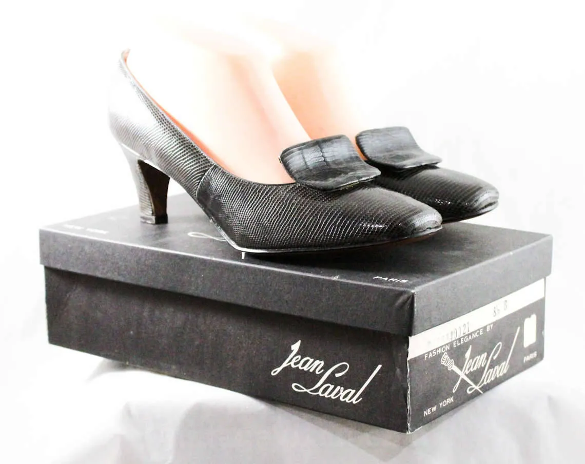 Size 8 Dark Grey Shoes - Unworn Reptile Leather 1960s Heels - 50s 60s Gray Pumps - Beautiful Secretary Style - NOS Deadstock - Size 8 1/2 B